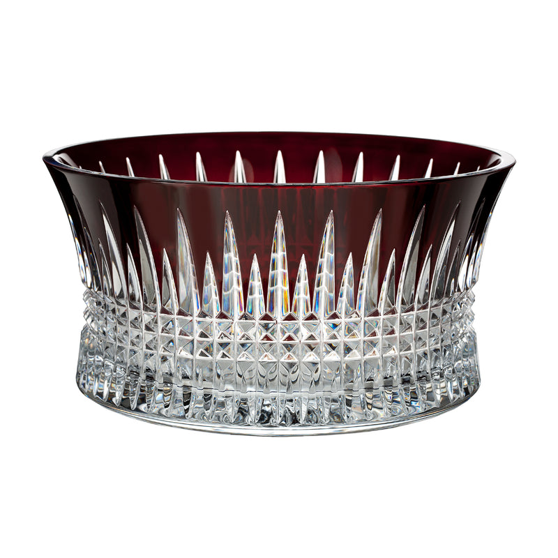 Waterford Crystal diamond-cut red bowl with faceted pattern and clear base