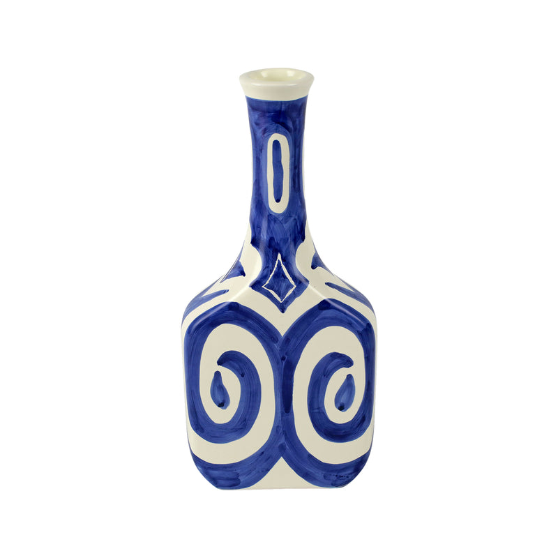 Vietri cobalt blue ceramic silhouette bottle with white scroll and dotted motif