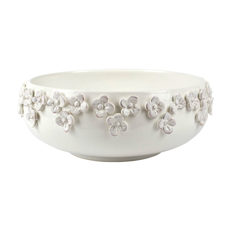 Vietri Rustic Garden white round flower cachepot with embossed floral wreath detail