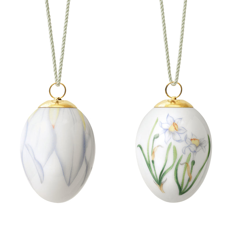 Porcelain Easter egg set of 2 with gold caps, one marbled, one flowered design