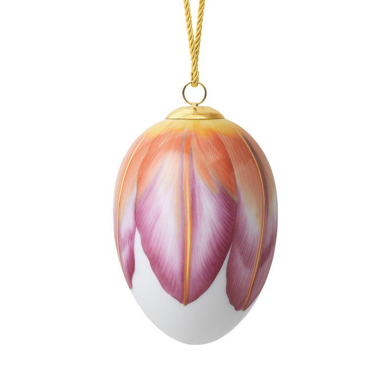 Royal Copenhagen porcelain Easter egg ornament with tulip petal design, hanging gold cord