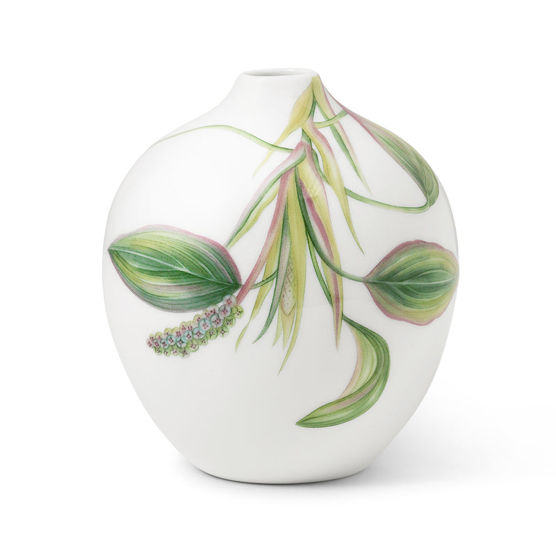 Royal Copenhagen pondweed vase, white ceramic with green and pink botanical leaves