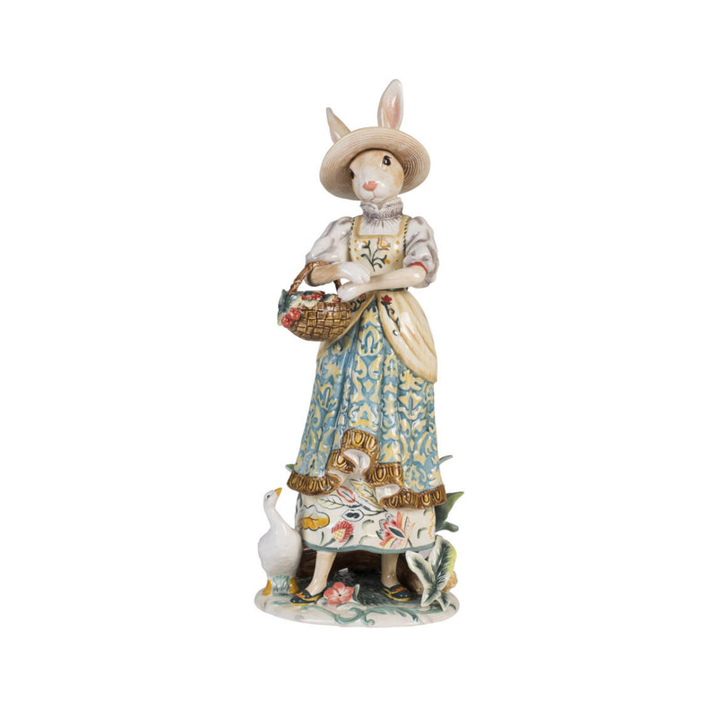 Fitz and Floyd dapper female rabbit figurine in bonnet, floral dress, holding a basket