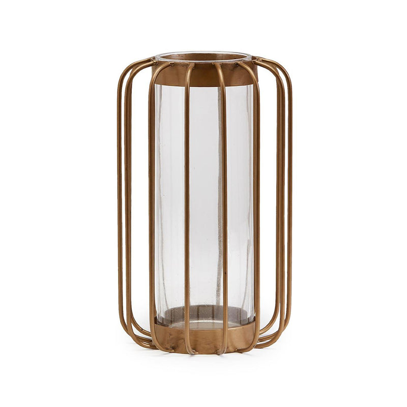 Antique bronze hurricane pillar lantern with clear cylindrical glass insert and vertical bars