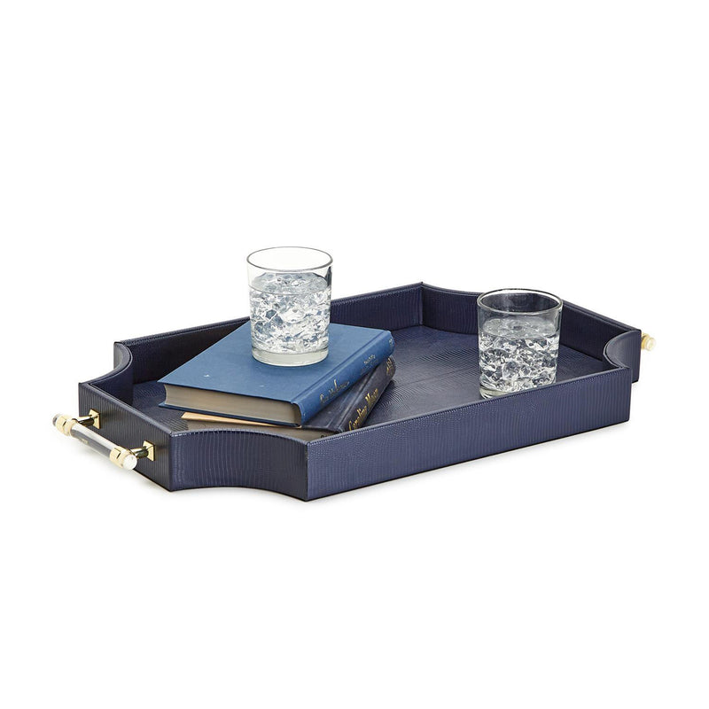 Navy rectangular tray with raised sides and gold corner clasps