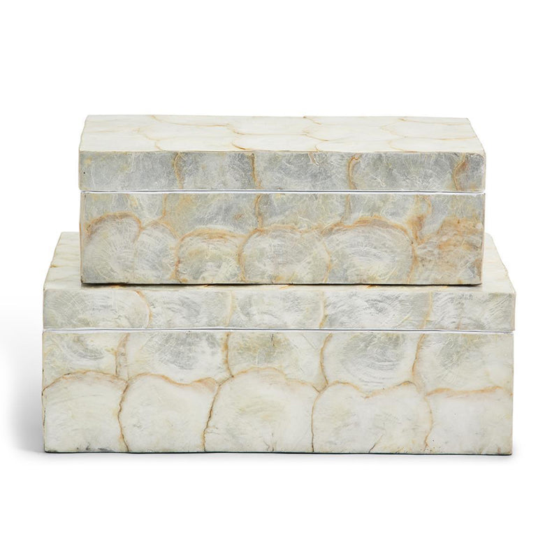 Set of 2 white capiz shell accent boxes with hinged lids, rectangular stacked pair.