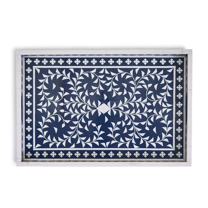 Rectangular tray with blue and white floral vine center and geometric border