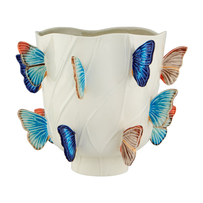 Bordallo Pinheiro Cloudy Butterfly medium vase, white with colorful butterfly relief