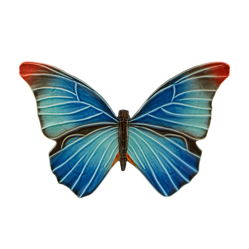 Bordallo Pinheiro cloudy butterfly wall art, blue and teal butterfly with brown body