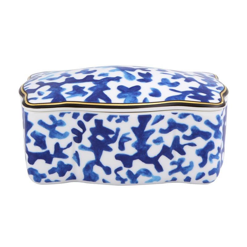 Vista Alegre decorative lidded box, blue and white abstract pattern with gold-tone rim
