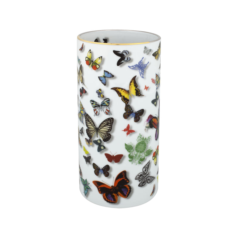 Decorative white ceramic vase with colorful butterfly pattern all over
