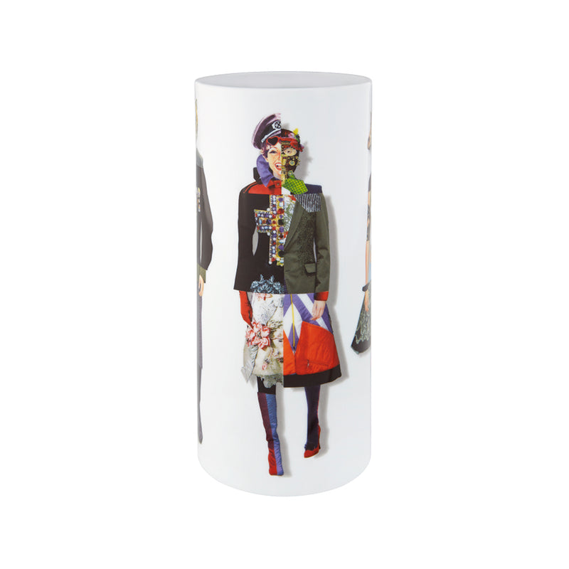 Christian Lacroix for Vista Alegre vase, white cylinder with colorful fashion figure print