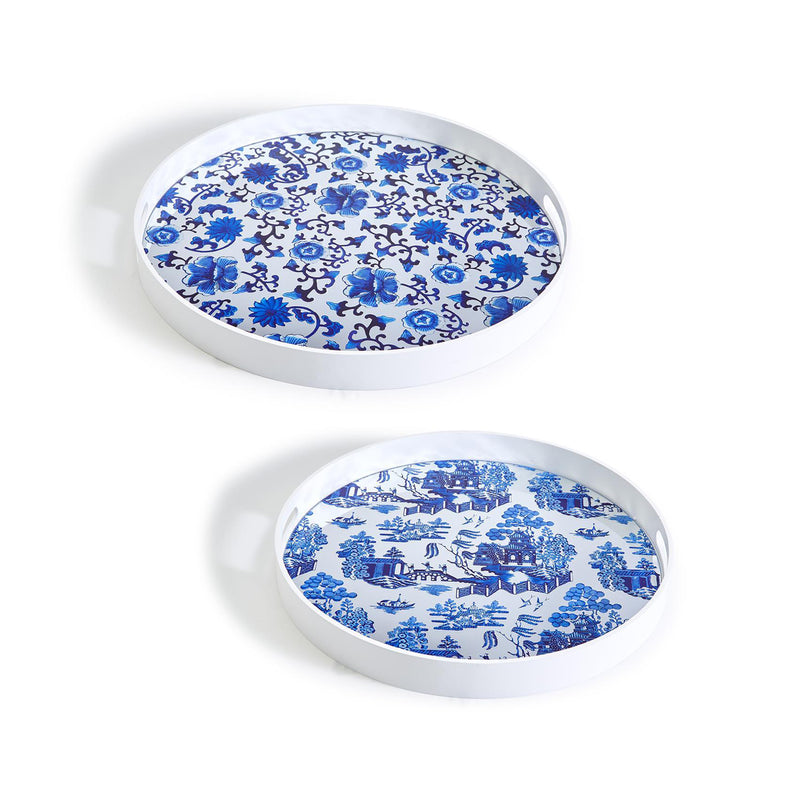 Chinoiserie set of 2 gallery trays with blue floral and village scene under glass inserts