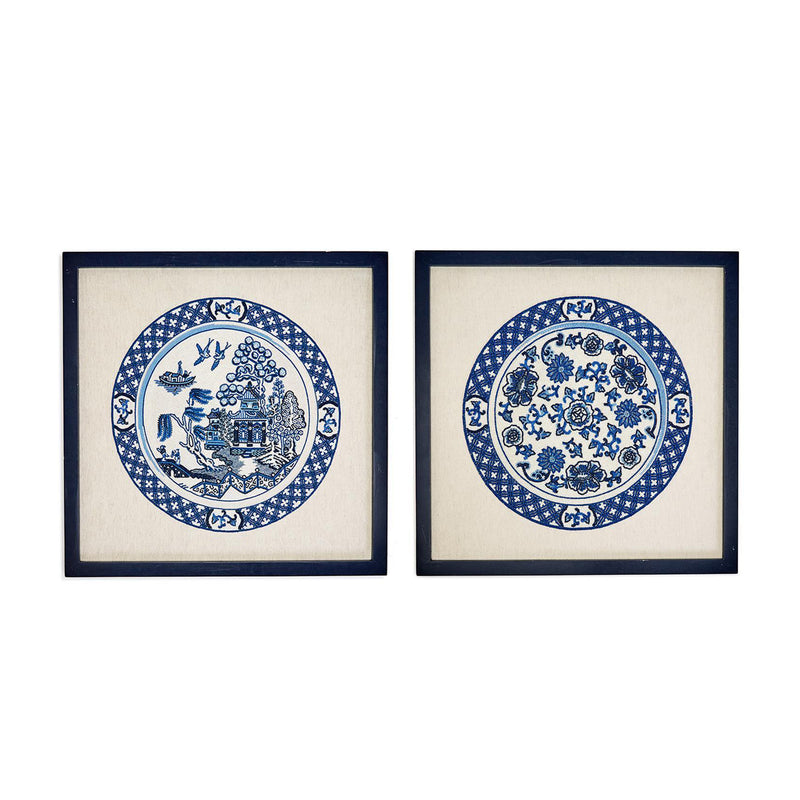 Set of 2 framed wall art, blue circular porcelain-style designs