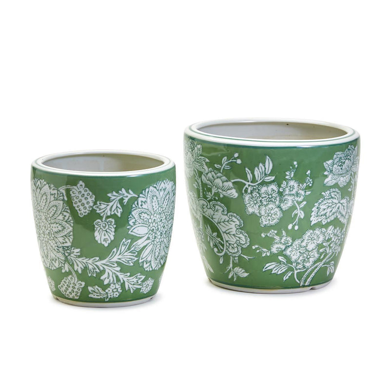 Set of 2 green porcelain cachepots with white botanical floral pattern, round planters