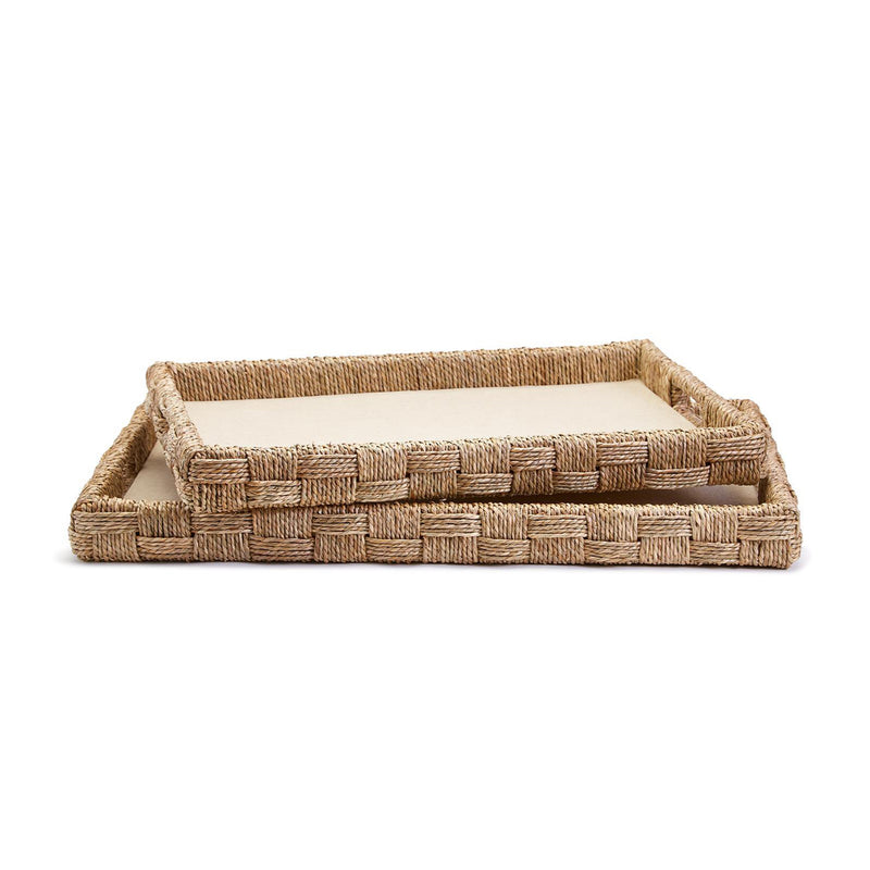 Woven rectangular seagrass and rattan tray with raised edges, natural tan