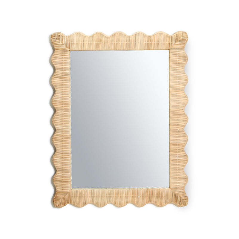 Scalloped-edge wicker rattan wall mirror with rectangular glass, light natural finish