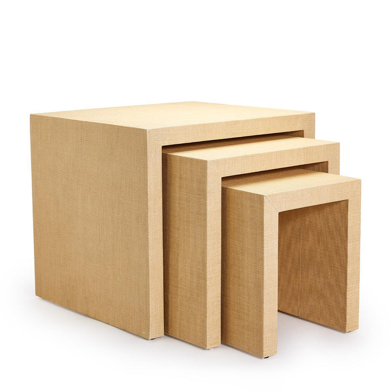 Set of 3 wood nesting side tables with woven cane panels