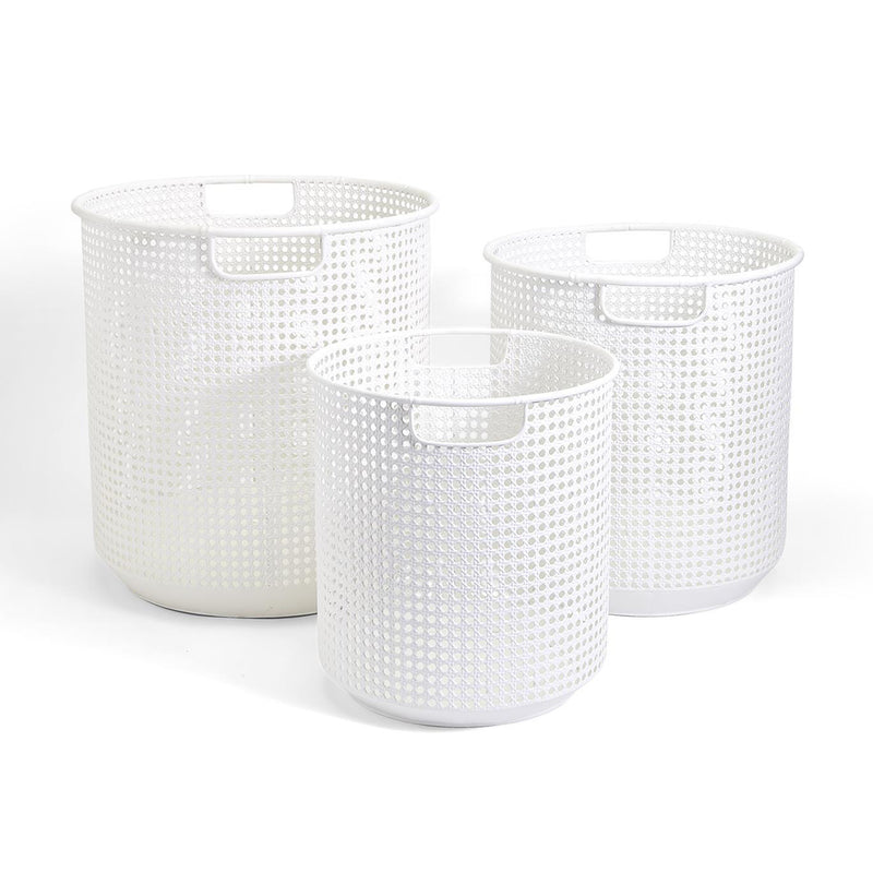 Set of 3 white cane webbing baskets with cutout handles