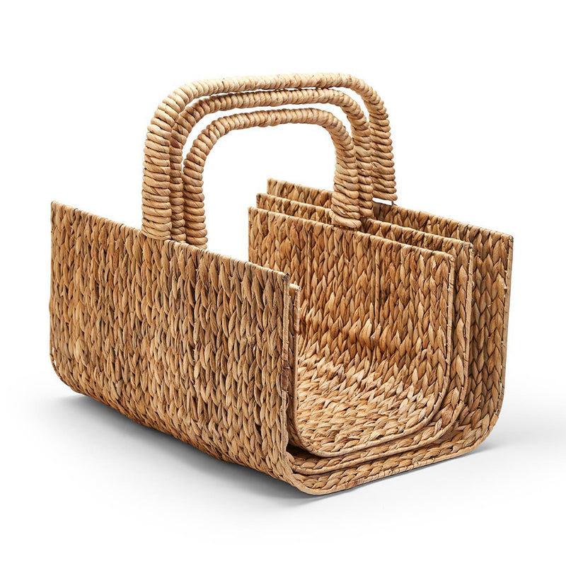 Set of 3 woven water hyacinth carrier baskets with loop handles, natural tan