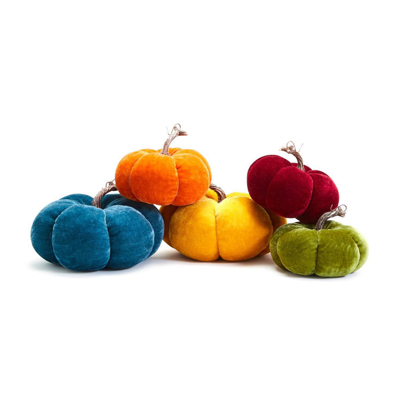 Set of 10 velvet decorative pumpkins in plush orange, blue, yellow, burgundy, and green