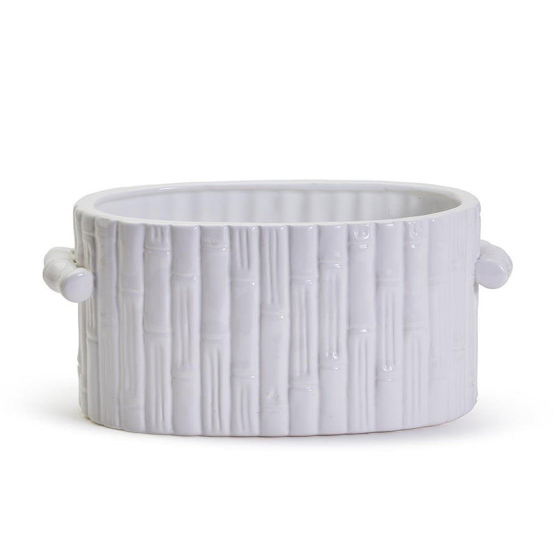 White ceramic bamboo-style cachepot with ribbed texture and side handles
