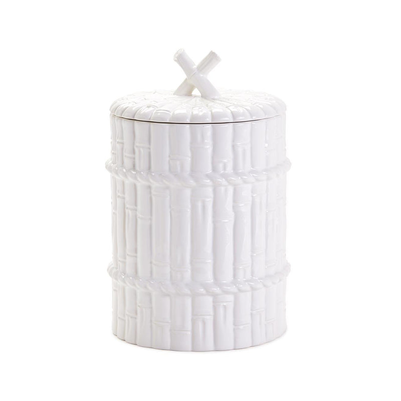 White ceramic bamboo-style storage jar with ridged lid and cross knob