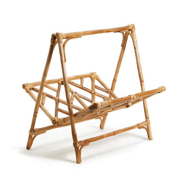 Bamboo folding magazine holder with angled open frame and woven cane sides