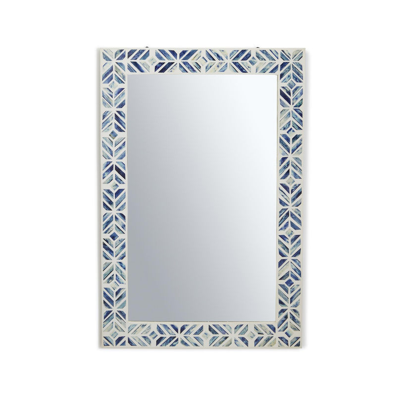 Square wall mirror with blue bone inlay geometric border and beveled frame