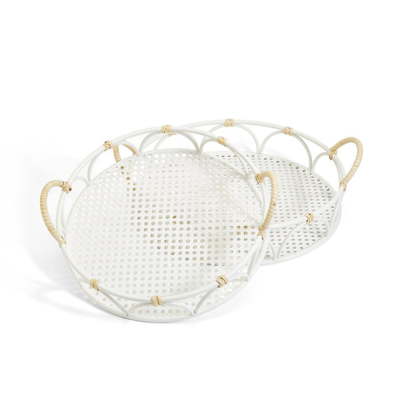 Set of 2 round cane webbing-style serving trays, white mesh with tan handles