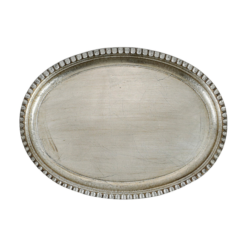 Vietri Florentine small oval wooden tray with silver beaded rim
