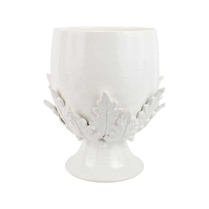 White footed cachepot with raised acanthus leaf relief, Vietri Rustic Garden