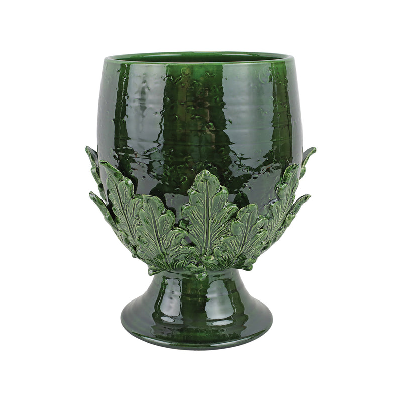 Vietri Rustic Garden green acanthus-leaf footed cachepot with scalloped rim