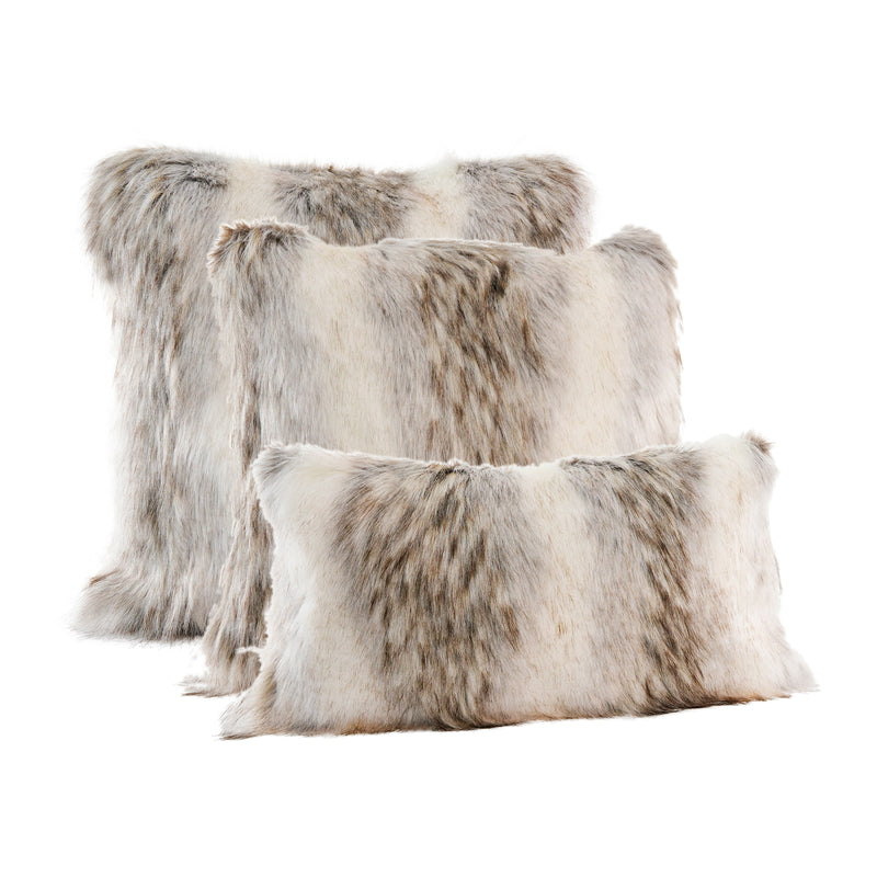 Light gray faux fur throw pillow with darker fur panels