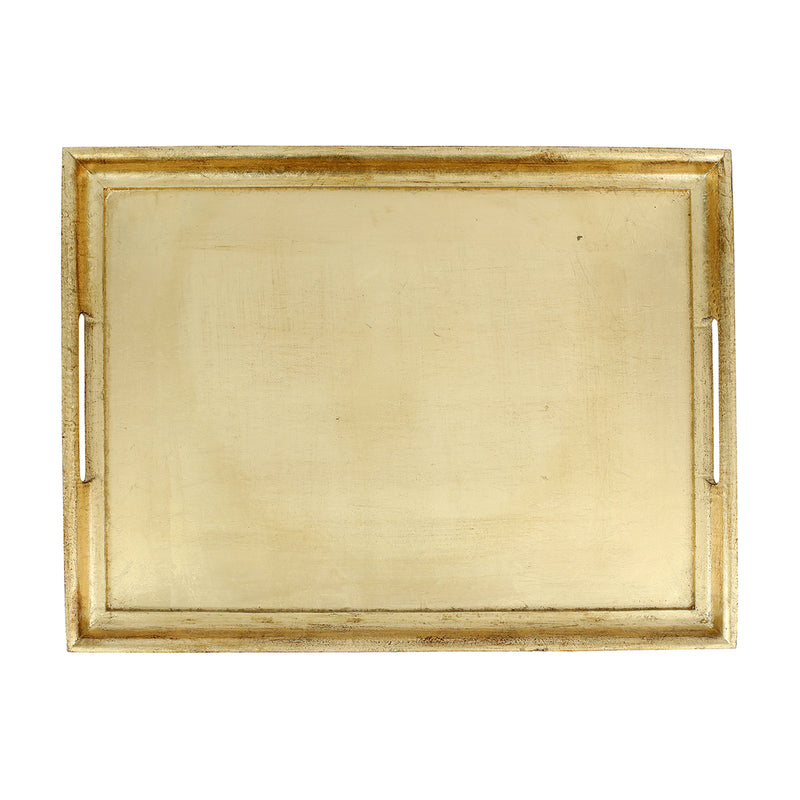 Large rectangular wooden tray with gold leaf border, recessed cream center, side handles.