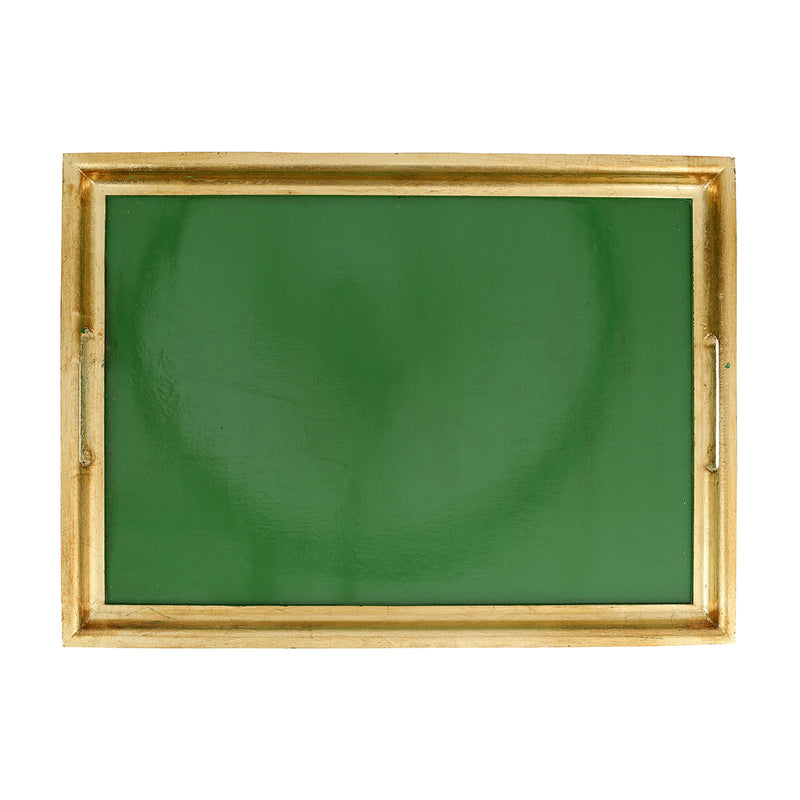 Large rectangular wooden tray with Florentine green insert and gold leaf frame