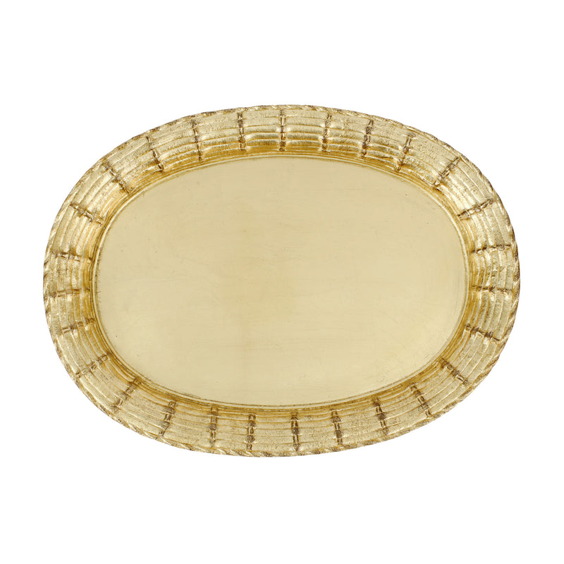 Gold leaf-covered oval wooden basketweave tray with cream center and raised gilt rim