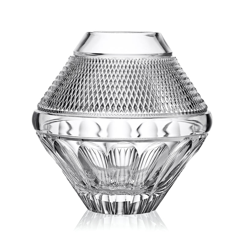 Cut crystal vase with diamond lattice texture and polished metal-look bands