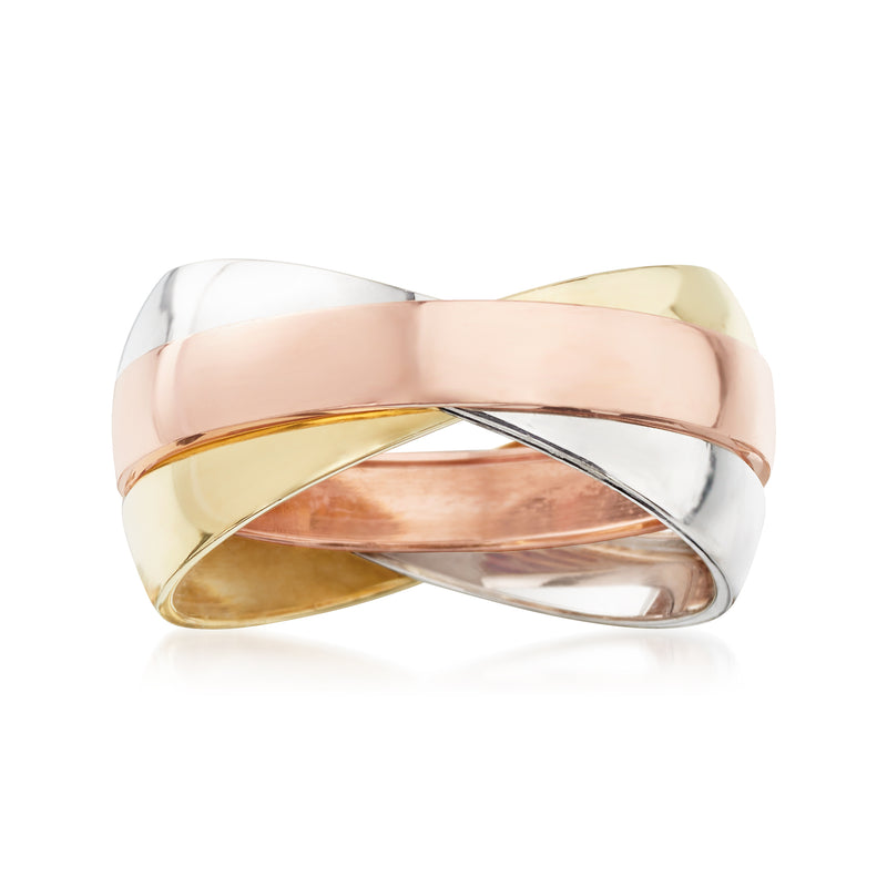 14kt tri-colored gold rolling ring with crossed rose, yellow, and white gold bands