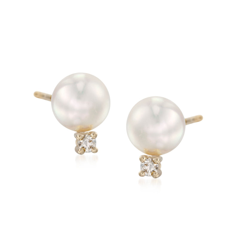18kt yellow gold Akoya pearl and diamond stud earrings, round white pearls