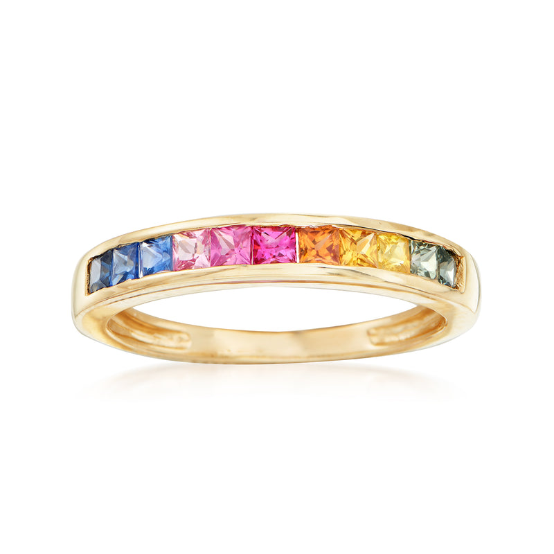 14kt yellow gold sapphire ring with multicolored rectangular gemstones