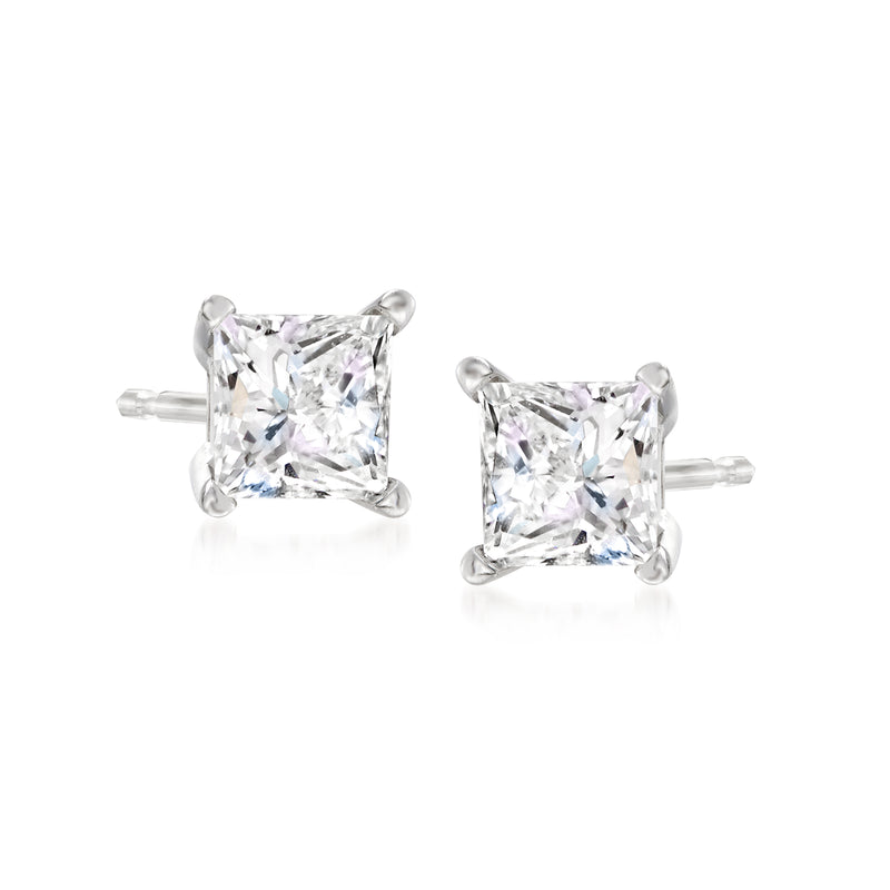 Princess-cut CZ stud earrings in white gold, square stones with four-prong setting