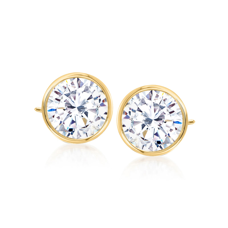 Round bezel-set CZ stud earrings in 14kt yellow gold, sparkling clear stones