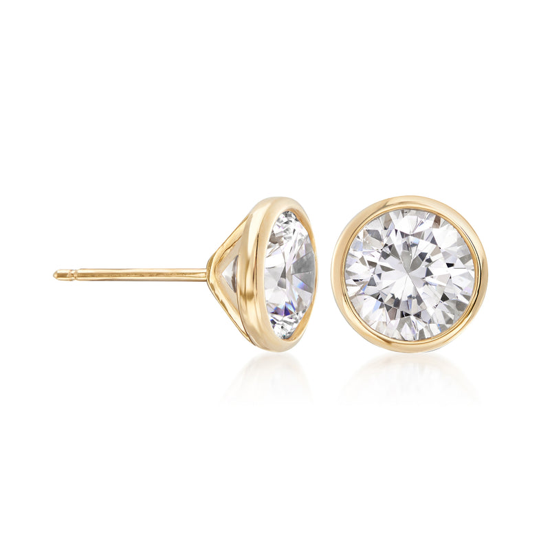 Round bezel-set CZ stud earring, 14kt yellow gold post with side profile
