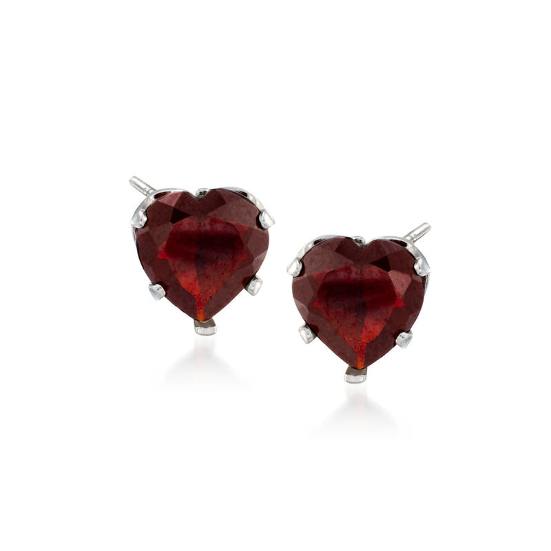 Heart garnet stud earrings in sterling silver with red gemstone, bezel-set