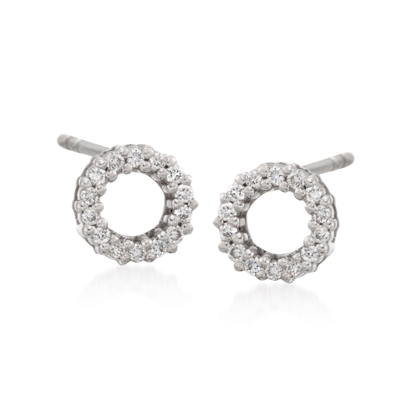Diamond circle stud earrings in white gold setting with round cut stones