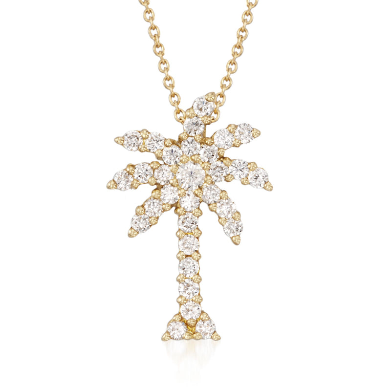 18kt yellow gold necklace with diamond palm tree pendant on a chain
