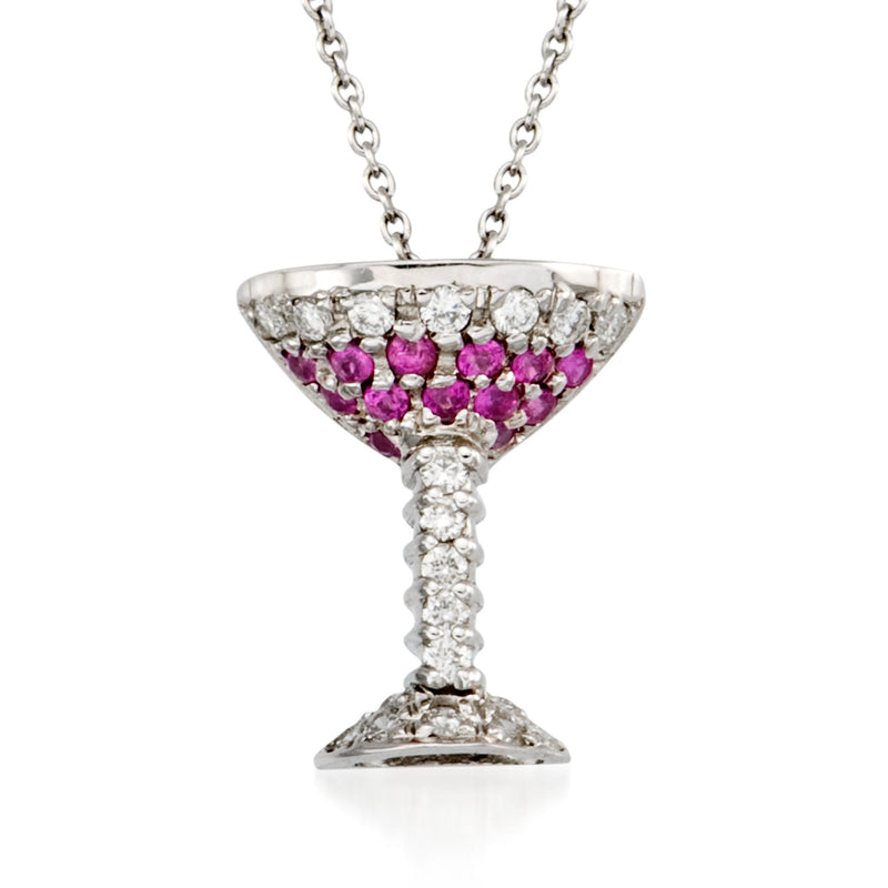 White gold martini glass pendant necklace with pink sapphires and diamond accents