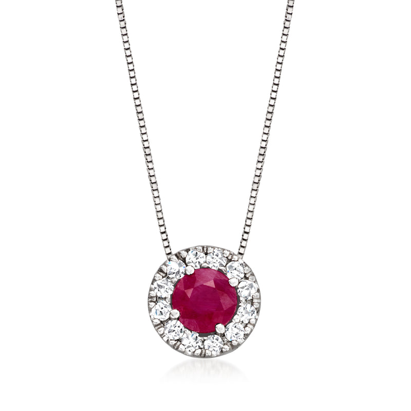 14kt white gold pendant necklace with round ruby center and diamond halo on chain