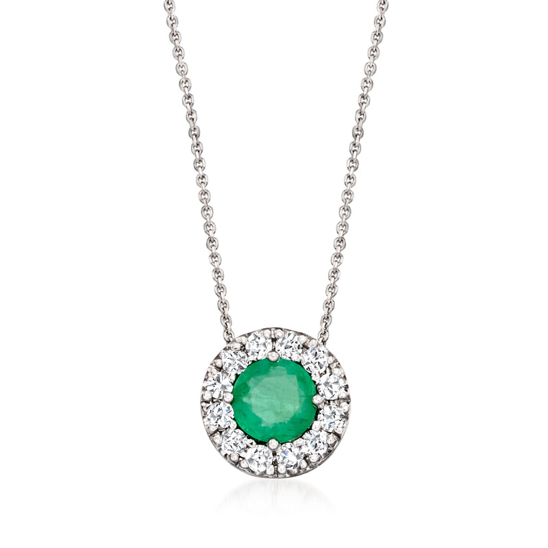 14kt white gold pendant necklace with round green emerald and diamond halo